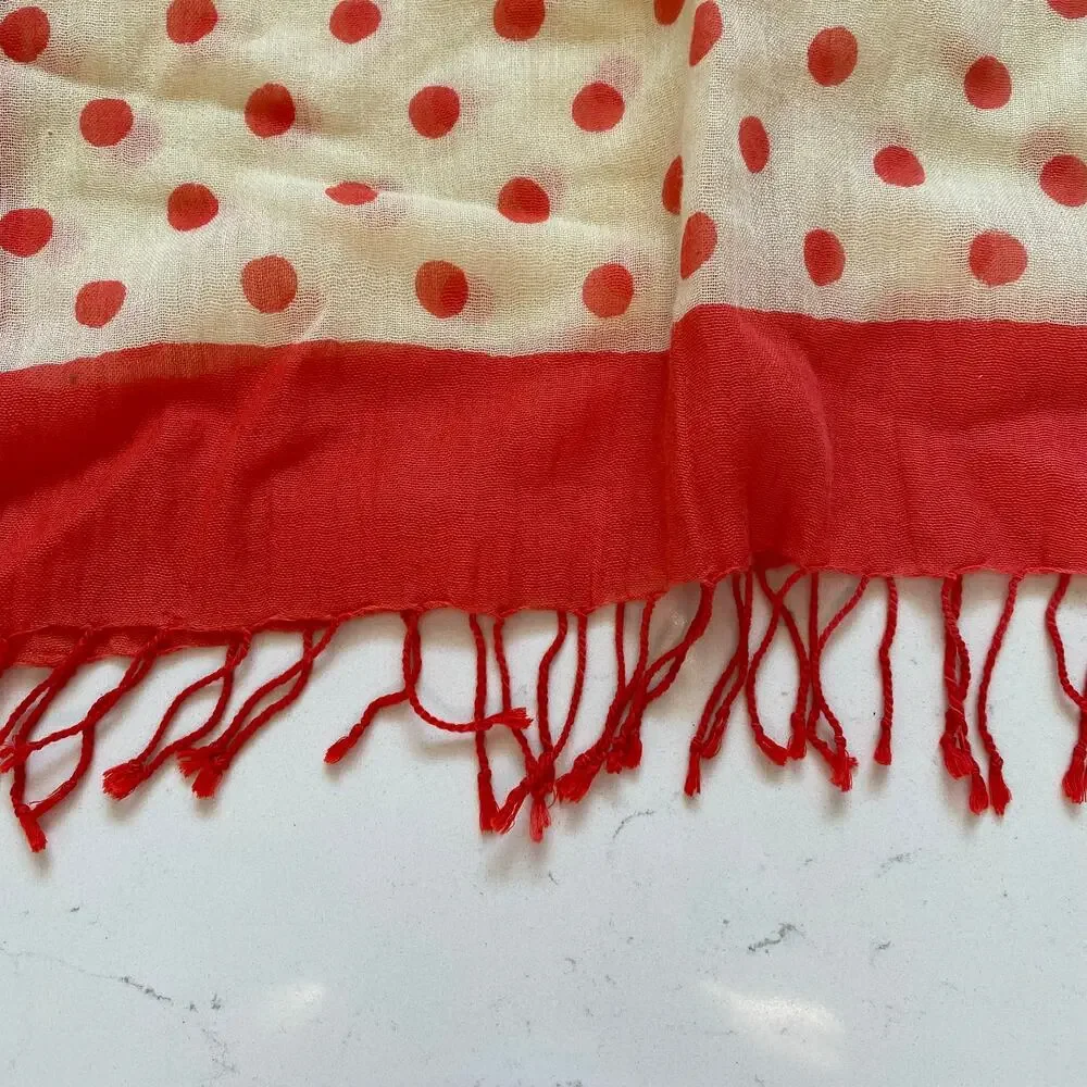 Banana Republic Salmon/Coral Polka Dots‎ on Ivory Long Fringed Scarf